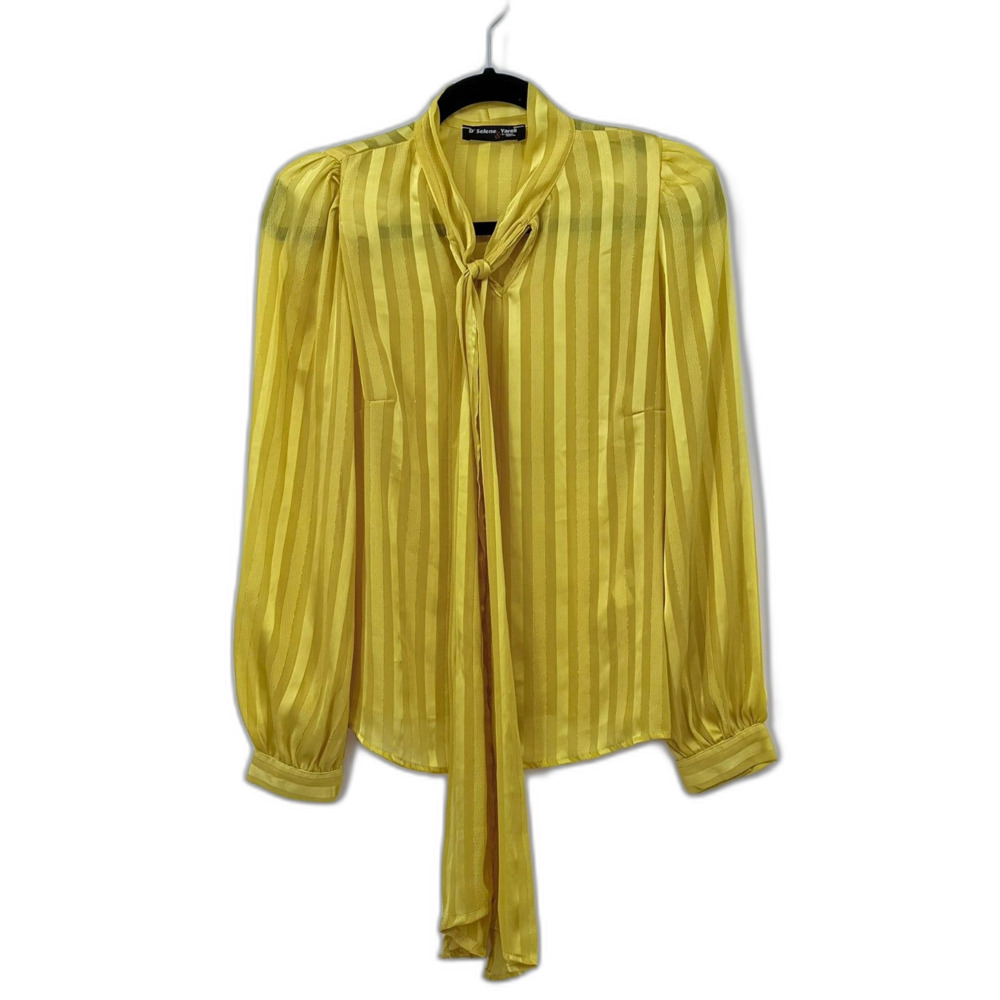 VTG D'Selene & Yareli Yellow Stripe Blouse Tie Neck 1970s Small Blouson Retro